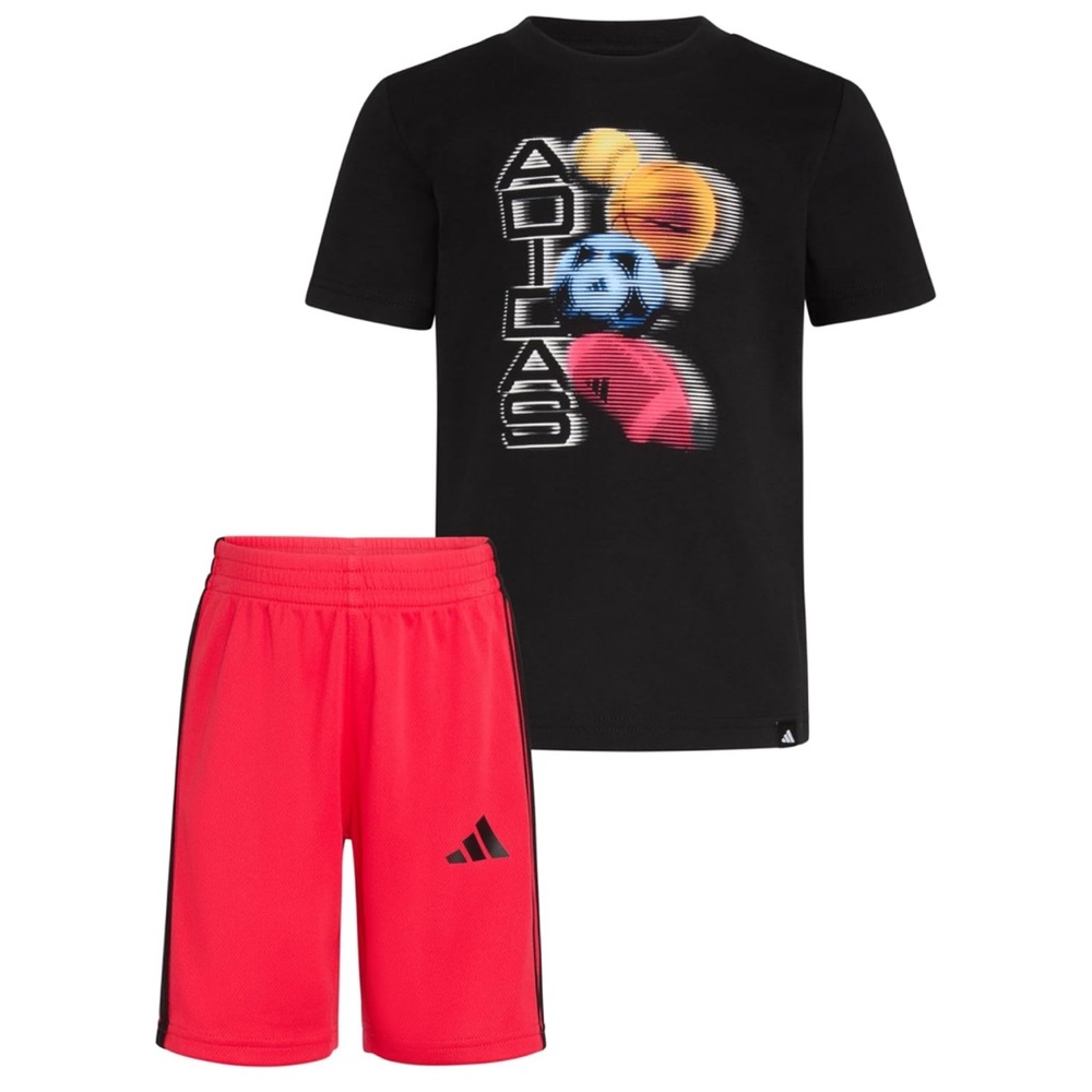 Adidas Black Graphic Tee and Red Shorts Set